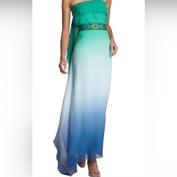 Bcbgmaxazria SILK  STRAPLESS CASCADING OMBRE CHIFFON BELT MAXI GOWN DRESS - Picture 4 of 12
